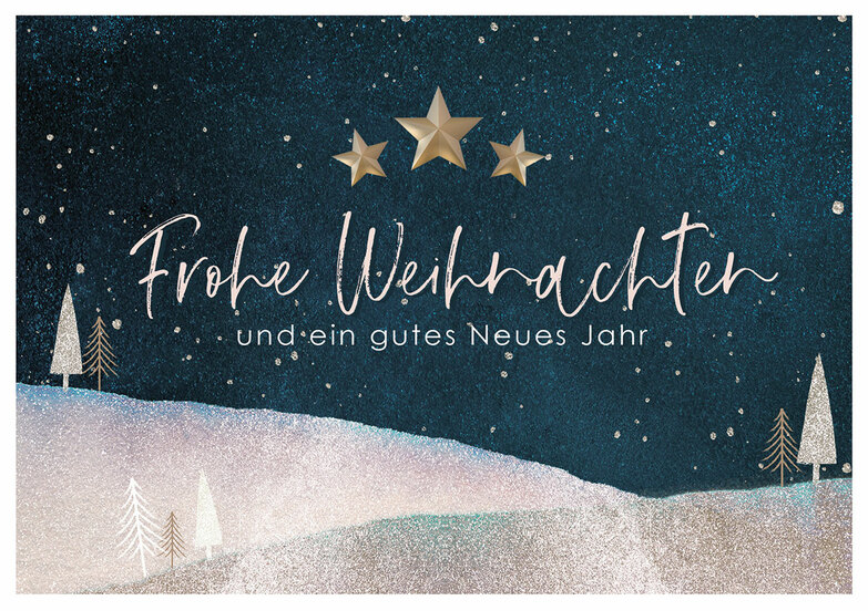 Weihnachtskarte: Winterlandschaft mit 3 Sternen