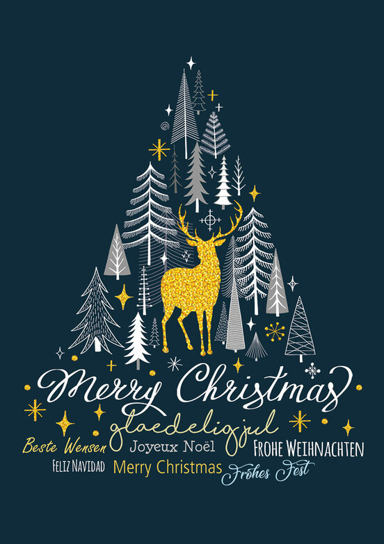 Weihnachtskarte: Goldener Hirsch im Wald