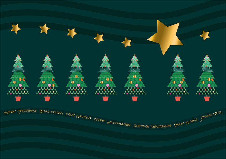 Weihnachtskarte: Bunte Bäumchen mit goldenem Stern