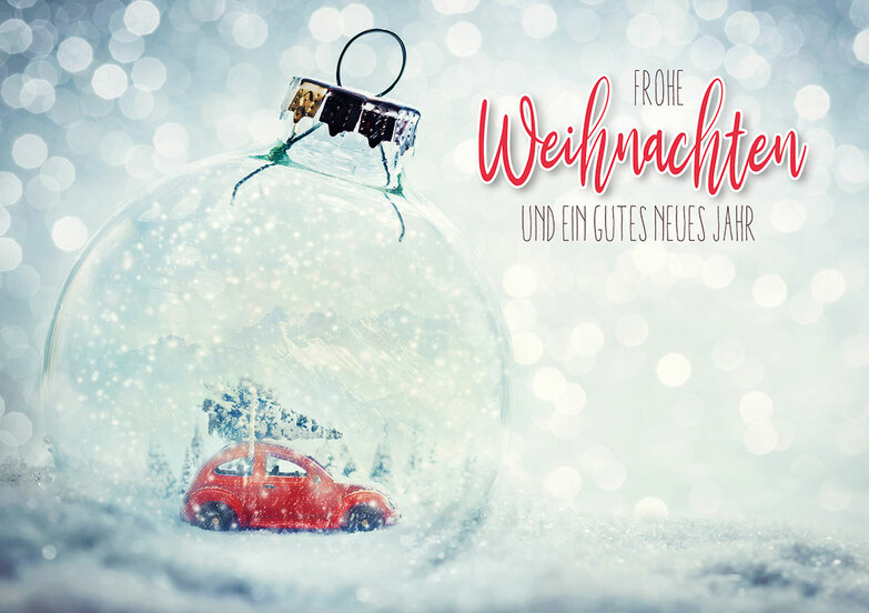 Weihnachtskarte: Auto in Glaskugel