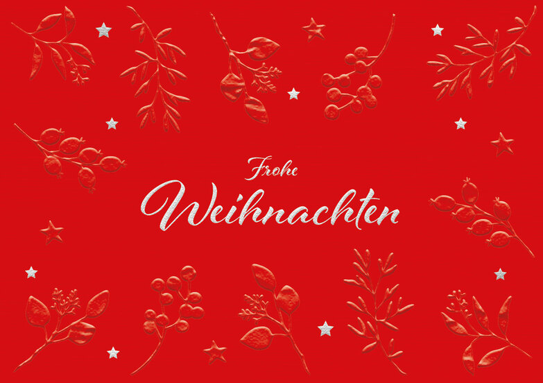 Weihnachtskarte: Beere und Äste geprägt auf Rot