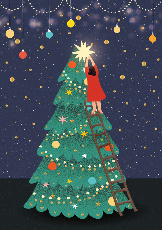 Weihnachtskarte: Mädchen schmückt Baum