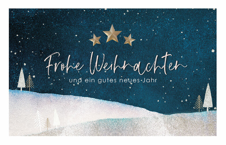 Weihnachtskarte: Winterlandschaft mit 3 Sternen