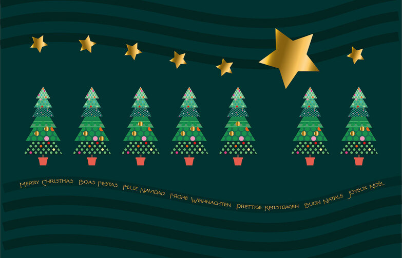 Weihnachtskarte: Bunte Bäumchen mit goldenem Stern