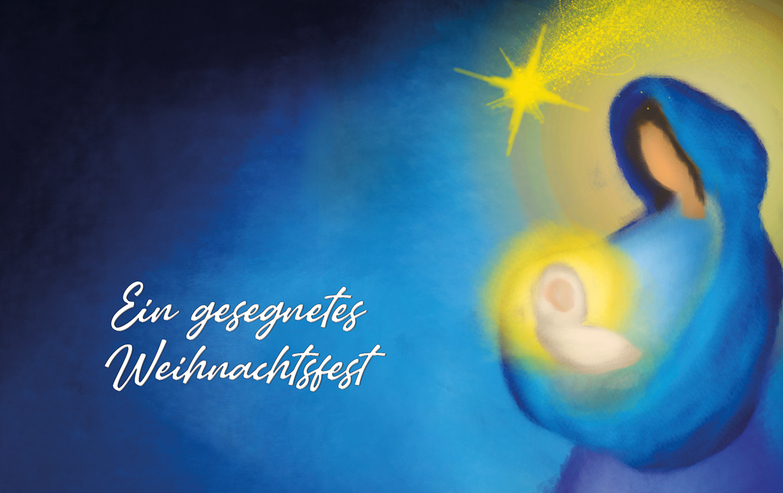 Weihnachtskarte: Maria mit Kind in Blau-Gelb