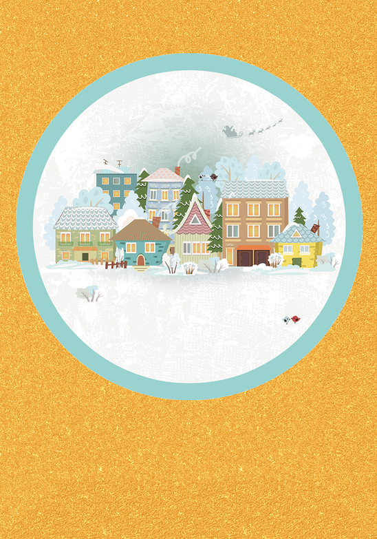 Weihnachtskarte: Dorfblick auf Gold